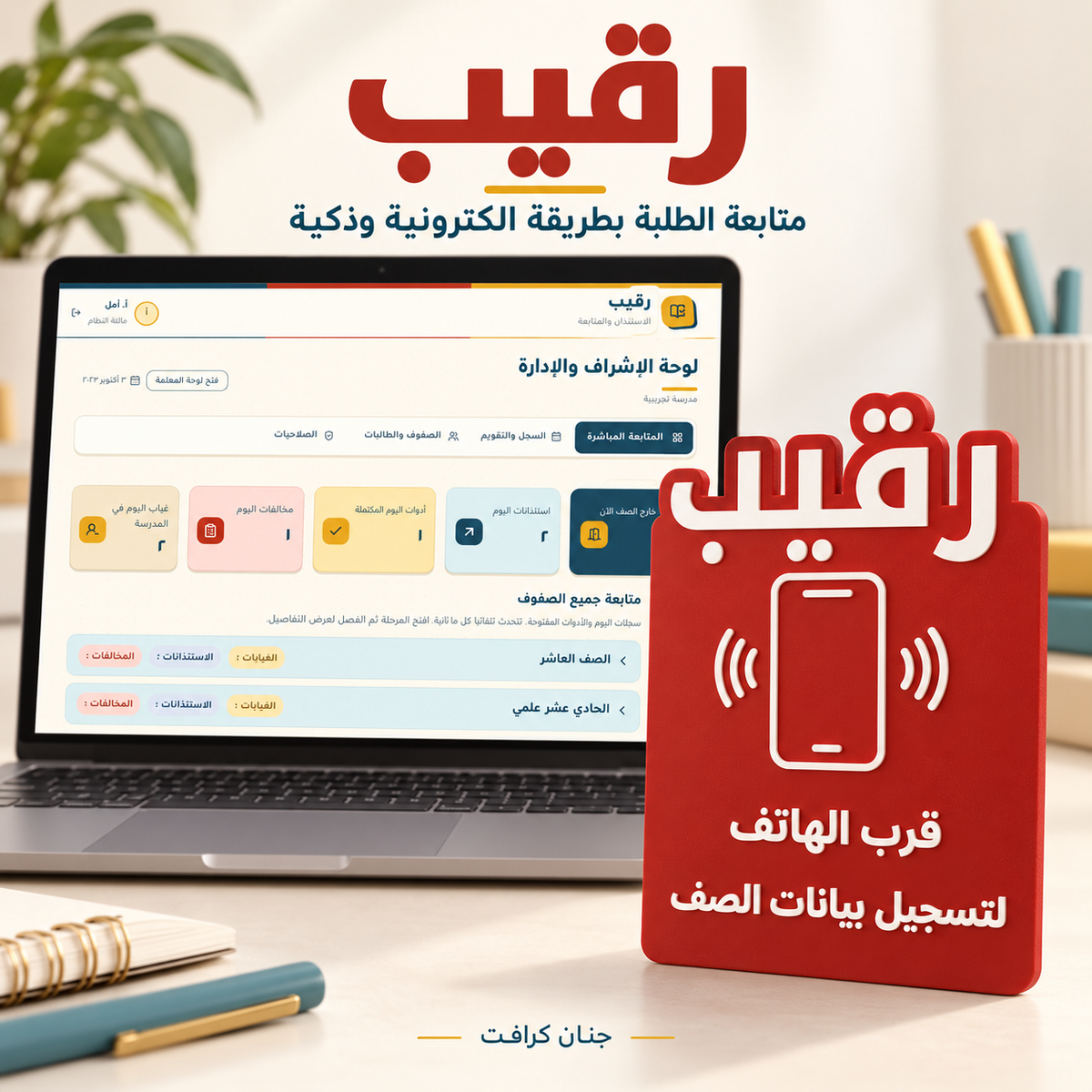 نظام رقيب لمتابعة الطلبة مع بطاقة NFC ولوحة الإشراف والإدارة — جنان كرافت